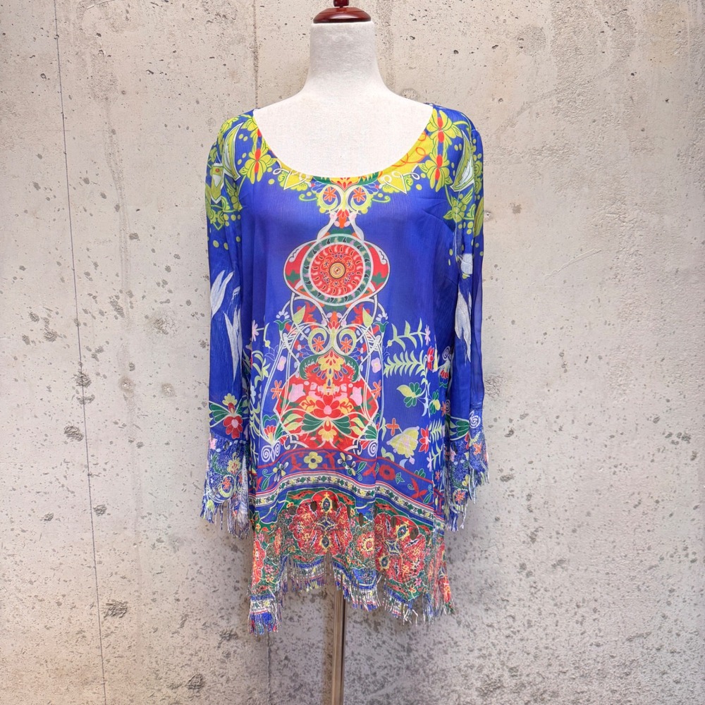 Mughkab Sienna Rose Tunic Womens XL Blue Boho Fringe Paisley Floral Festival